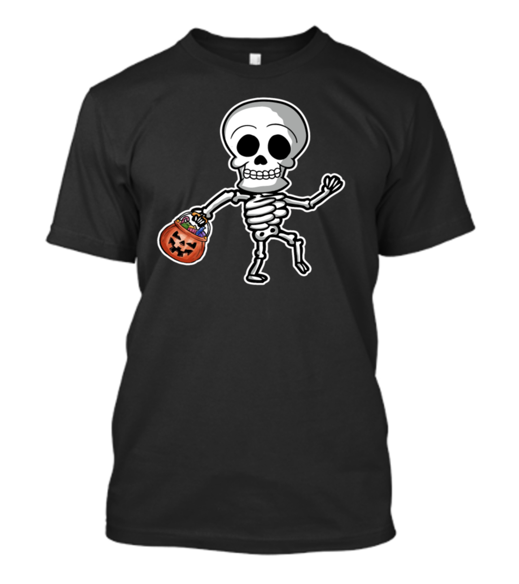 Funny Skeleton Halloween Trick Or Treating With Candy Pumpkin Bucket T-Shirt