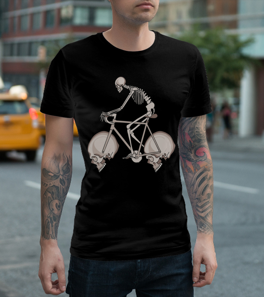 Skeleton on Bicycle with Skull Wheels T-Shirt
