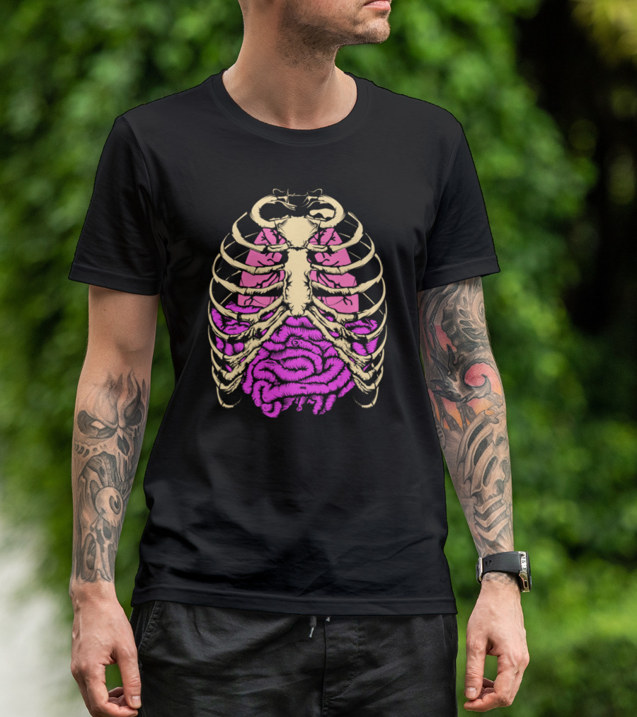 X Ray Skeleton Anatomy Ribcage With Pink Organs T-Shirt