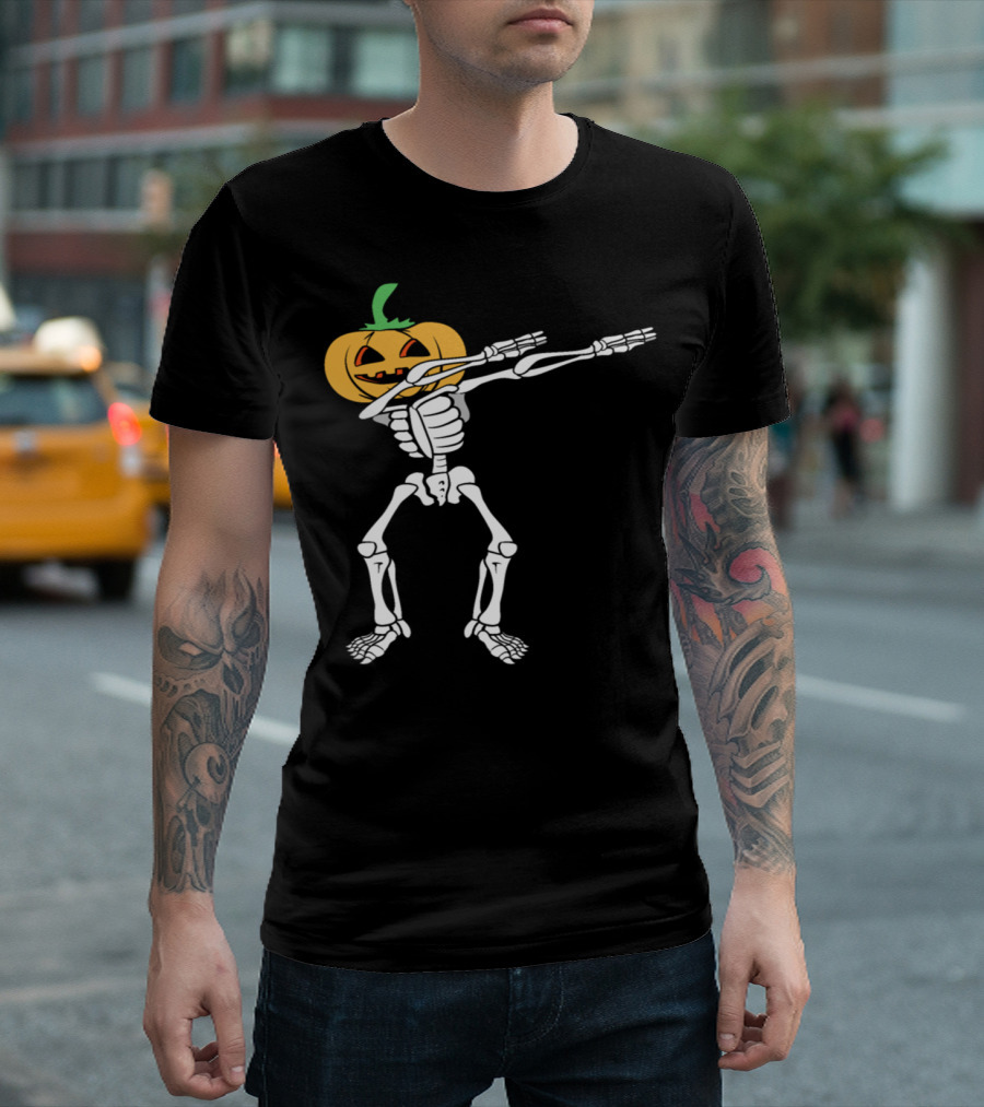 Dabbing Halloween Skeleton with Pumpkin Head T-Shirt