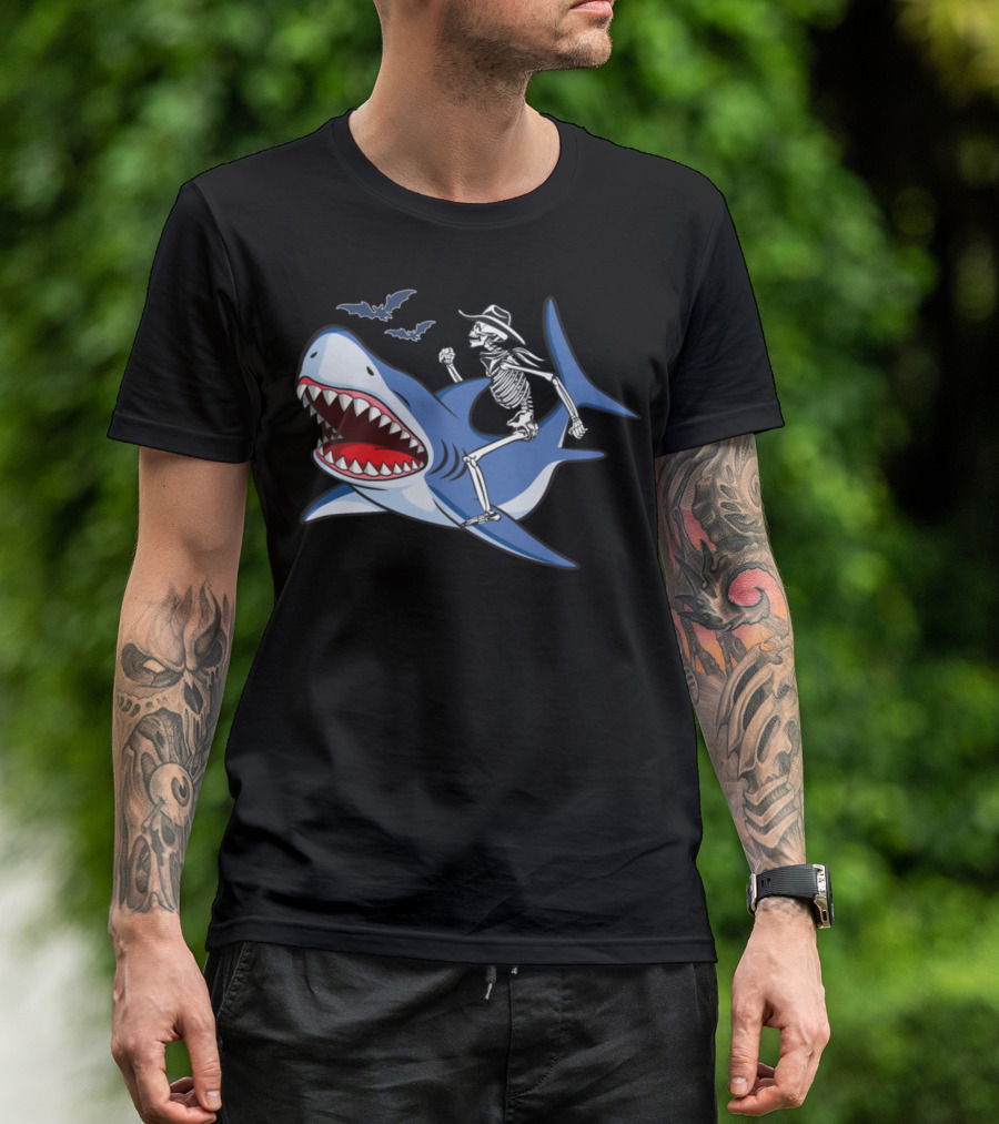 Cowboy Skeleton Riding Shark With Bats T-Shirt