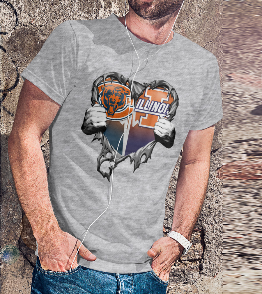 Chicago Bears Illinois Fighting Illini Heart Tear T-Shirt
