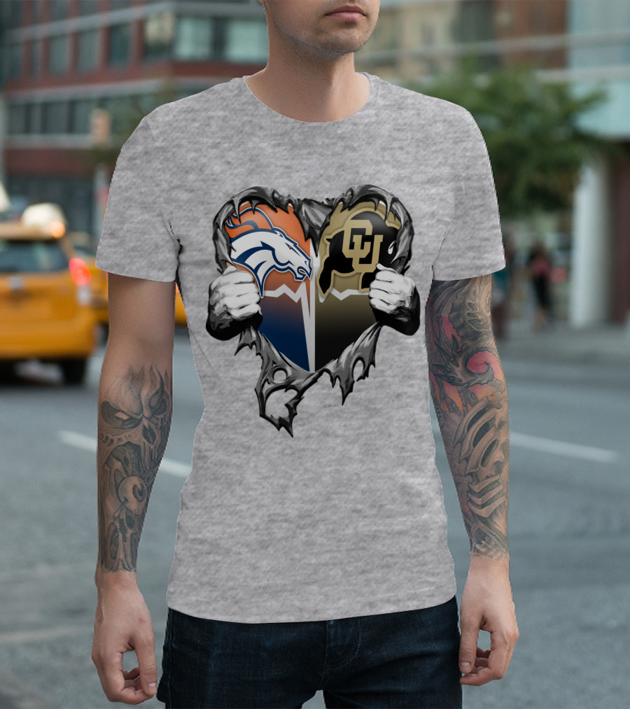 Denver Broncos And Colorado Buffaloes Heart Logo Rip T-Shirt