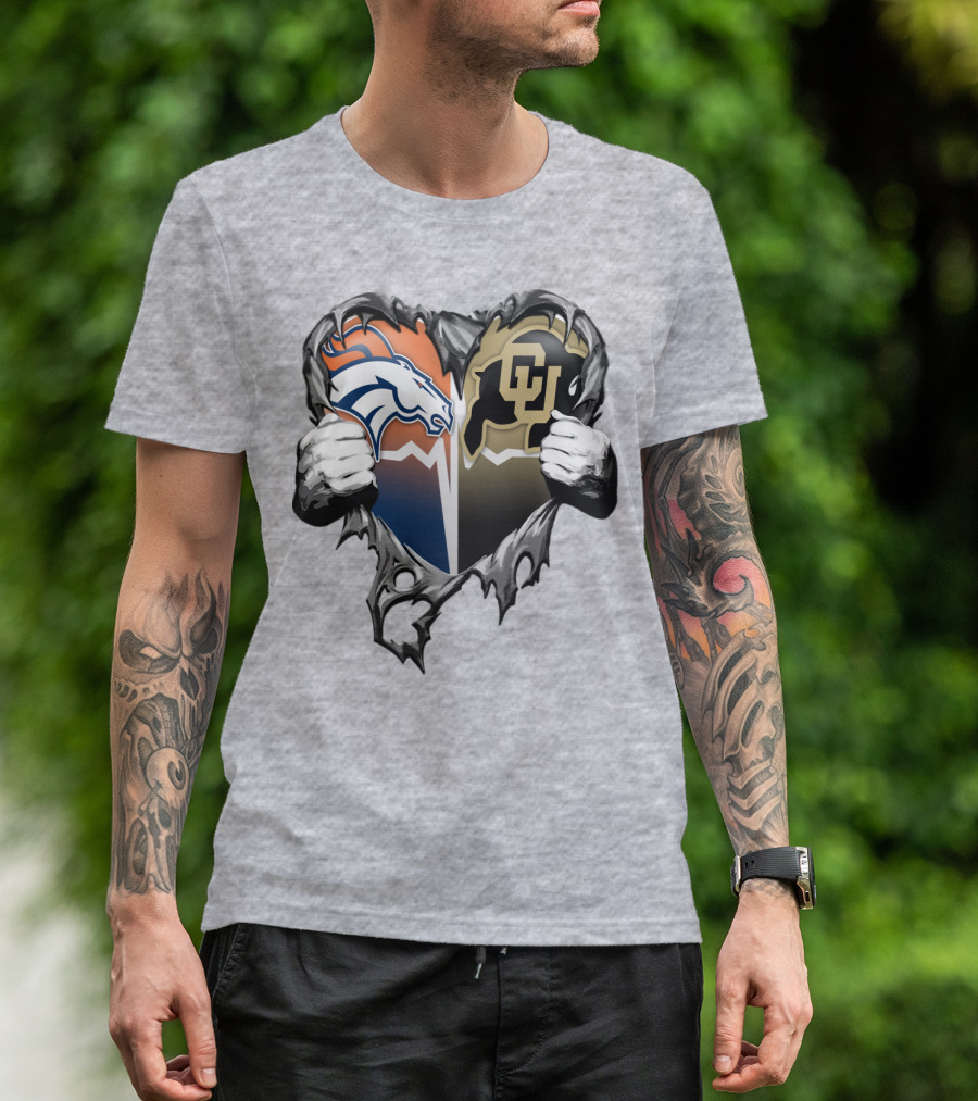 Denver Broncos And Colorado Buffaloes Heart Logo Rip T-Shirt