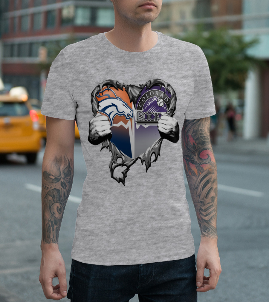 Denver Broncos Colorado Rockies Split Heart T-Shirt