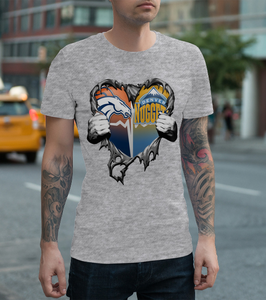 Broncos Nuggets Torn Heart Logo Fusion T-Shirt