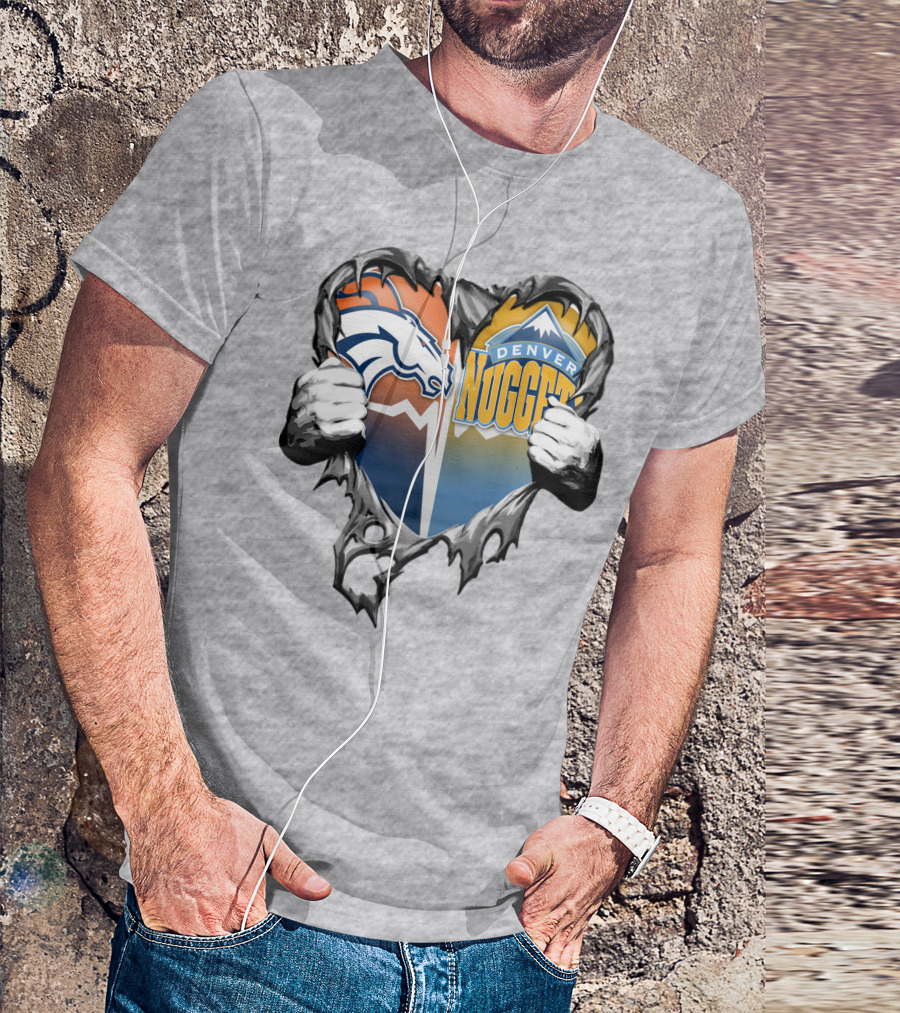 Broncos Nuggets Torn Heart Logo Fusion T-Shirt