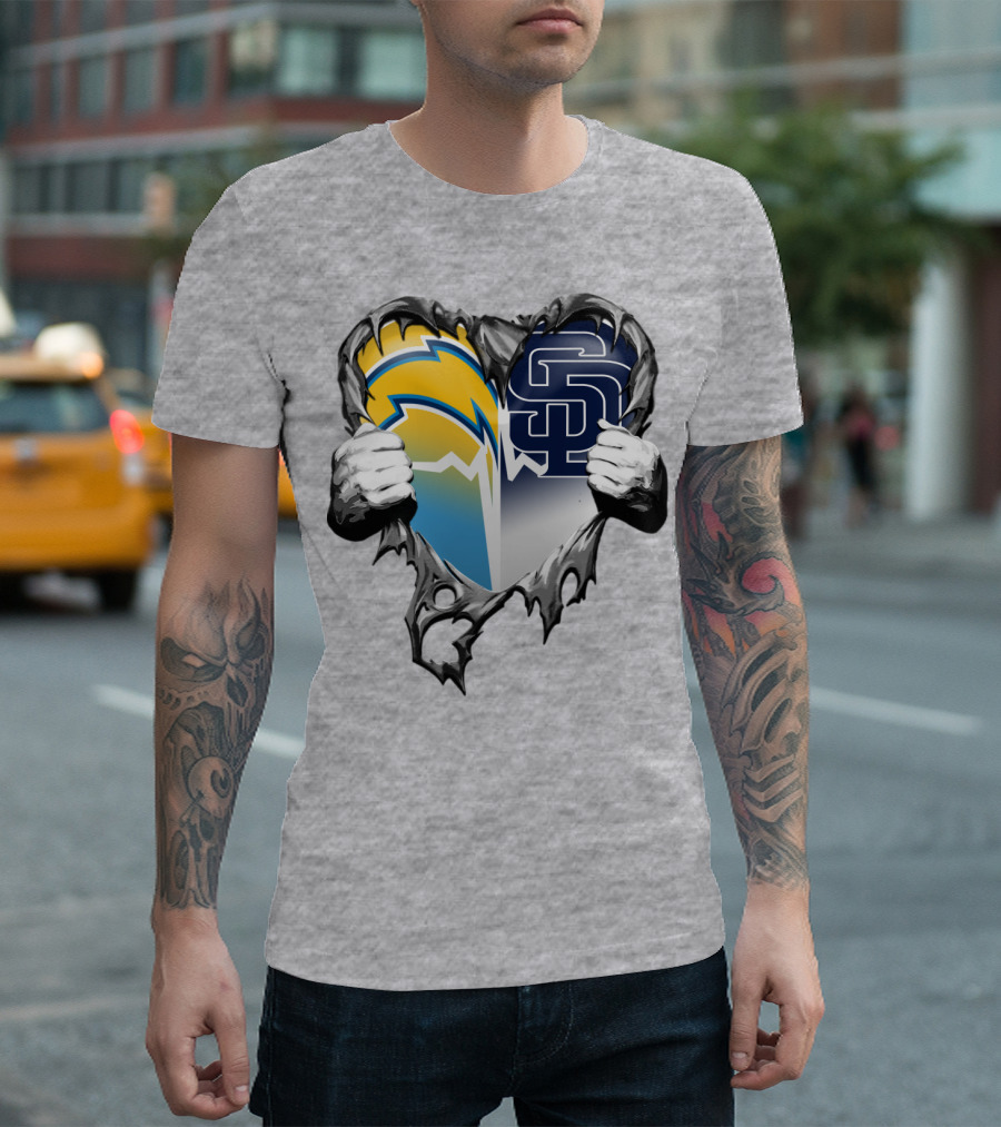 Los Angeles Chargers San Diego Padres Heart Logo Fusion T-Shirt
