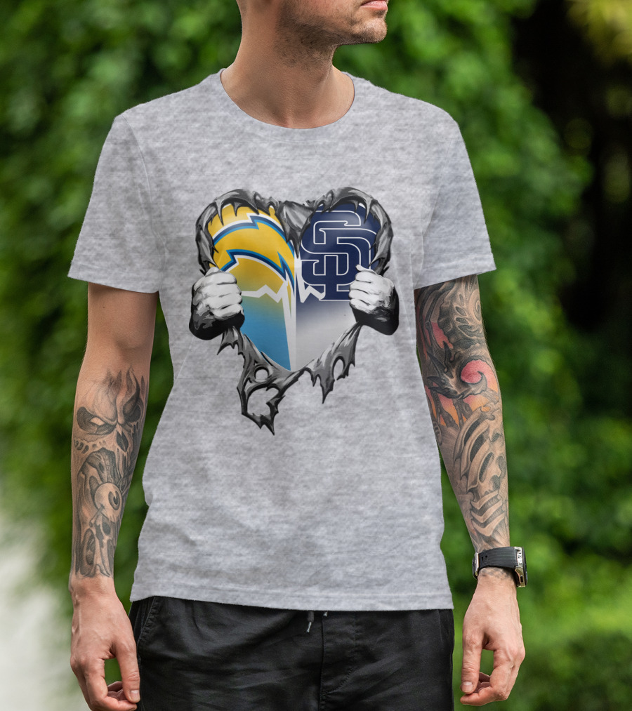 Los Angeles Chargers San Diego Padres Heart Logo Fusion T-Shirt