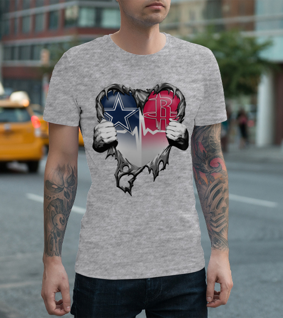 Dallas Cowboys Houston Rockets Torn Heart Logo Fusion T-Shirt