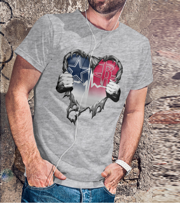 Dallas Cowboys Houston Rockets Torn Heart Logo Fusion T-Shirt