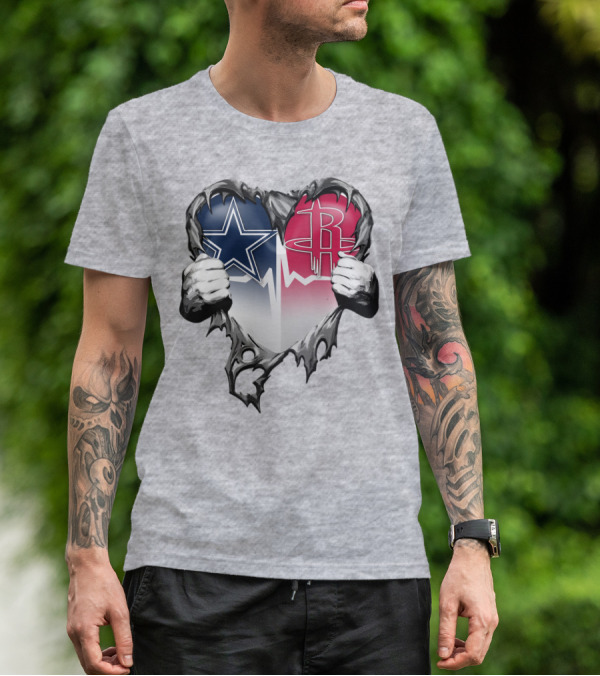 Dallas Cowboys Houston Rockets Torn Heart Logo Fusion T-Shirt