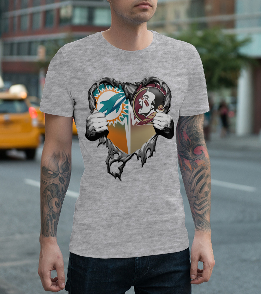 Miami Dolphins Florida State Seminoles Heart Tear T-Shirt