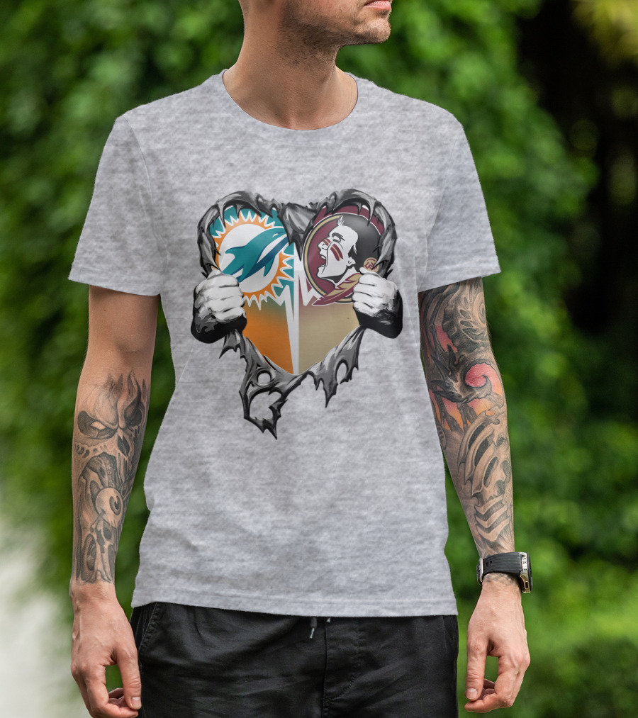Miami Dolphins Florida State Seminoles Heart Tear T-Shirt