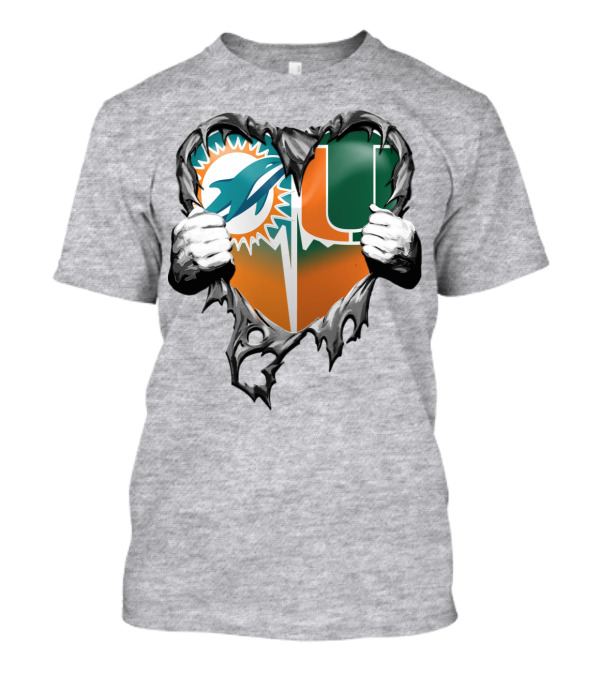 Miami Dolphins And Miami Hurricanes Heart T-Shirt