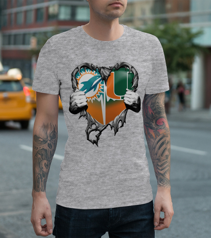 Miami Dolphins And Miami Hurricanes Heart T-Shirt