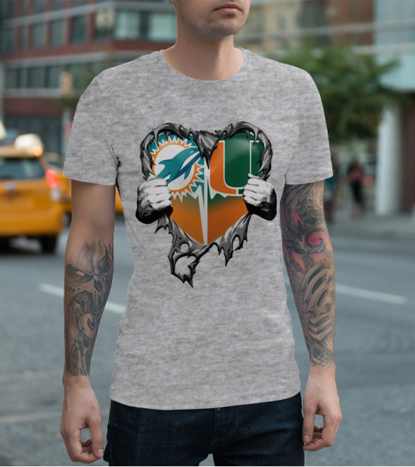 Miami Dolphins And Miami Hurricanes Heart T-Shirt