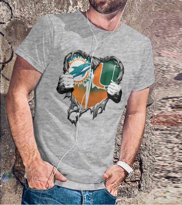 Miami Dolphins And Miami Hurricanes Heart T-Shirt