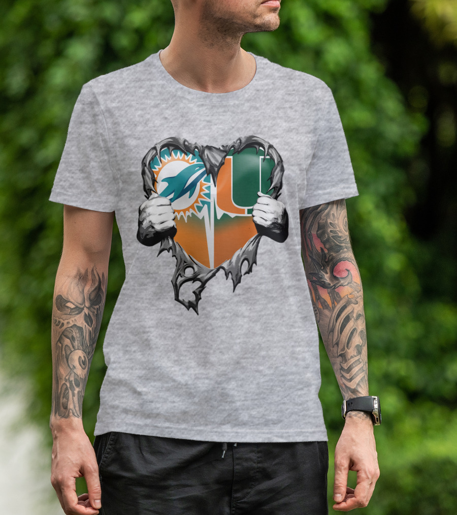 Miami Dolphins And Miami Hurricanes Heart T-Shirt