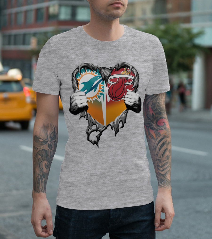 Miami Dolphins Miami Heat Heart Hands T-Shirt