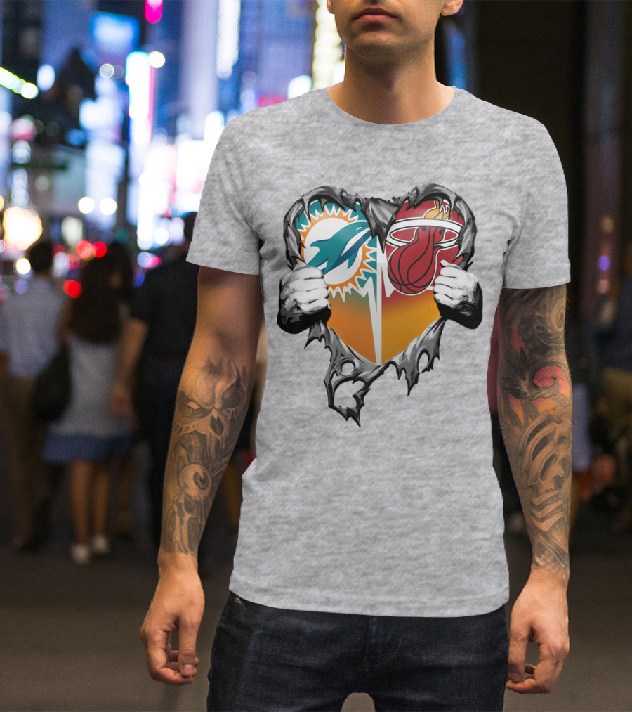 Miami Dolphins Miami Heat Heart Hands T-Shirt