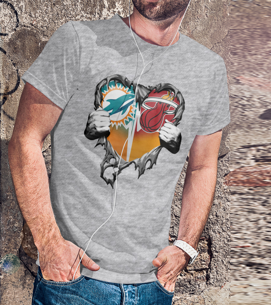 Miami Dolphins Miami Heat Heart Hands T-Shirt
