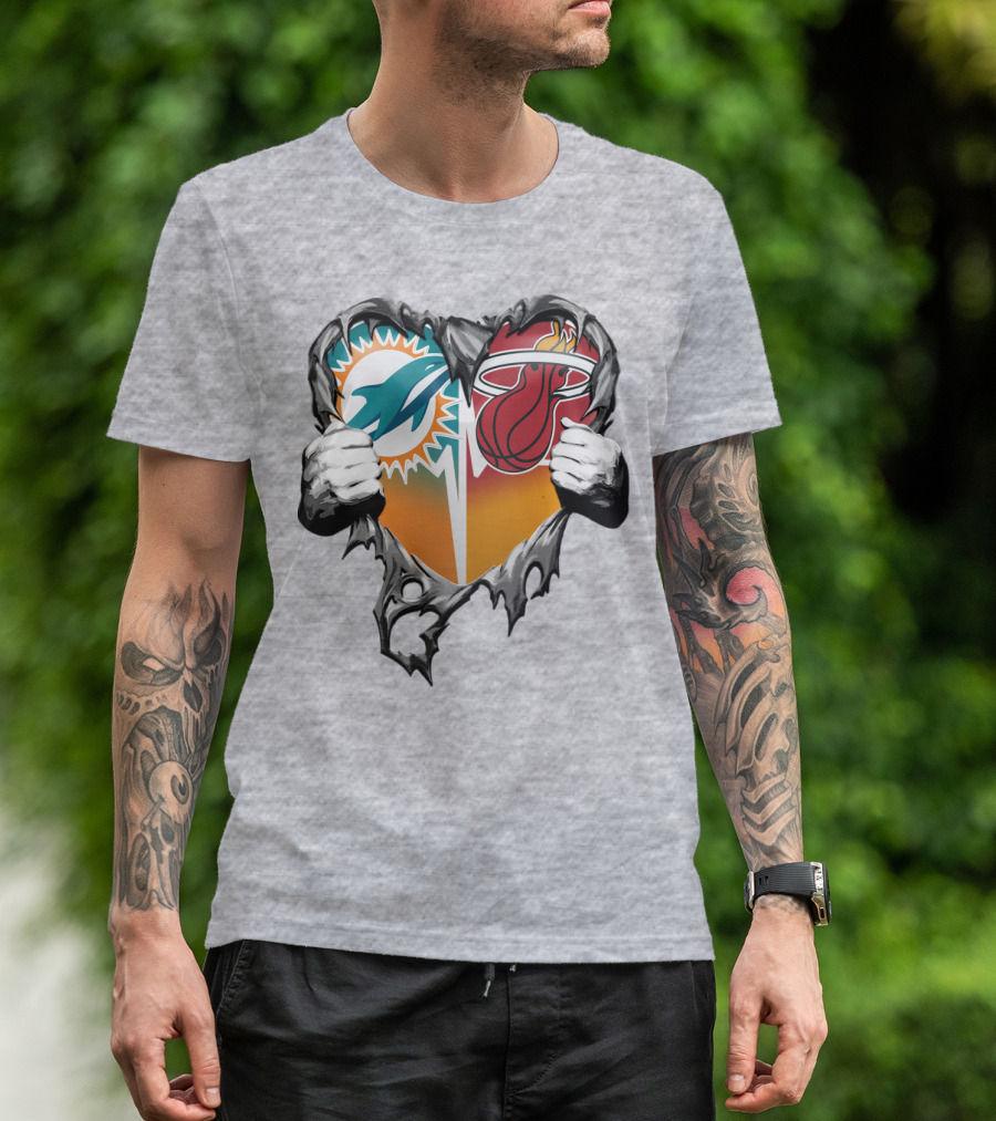 Miami Dolphins Miami Heat Heart Hands T-Shirt