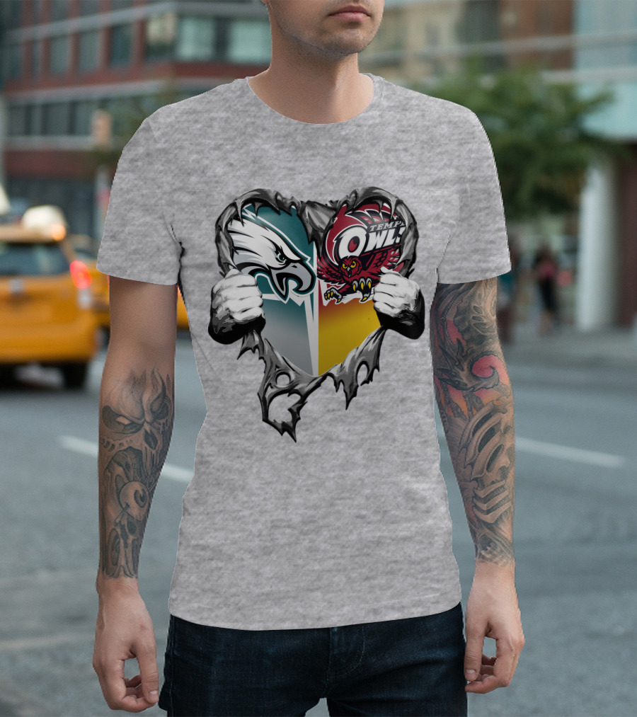 Philadelphia Eagles Temple Owls Heart Logo Rip T-Shirt