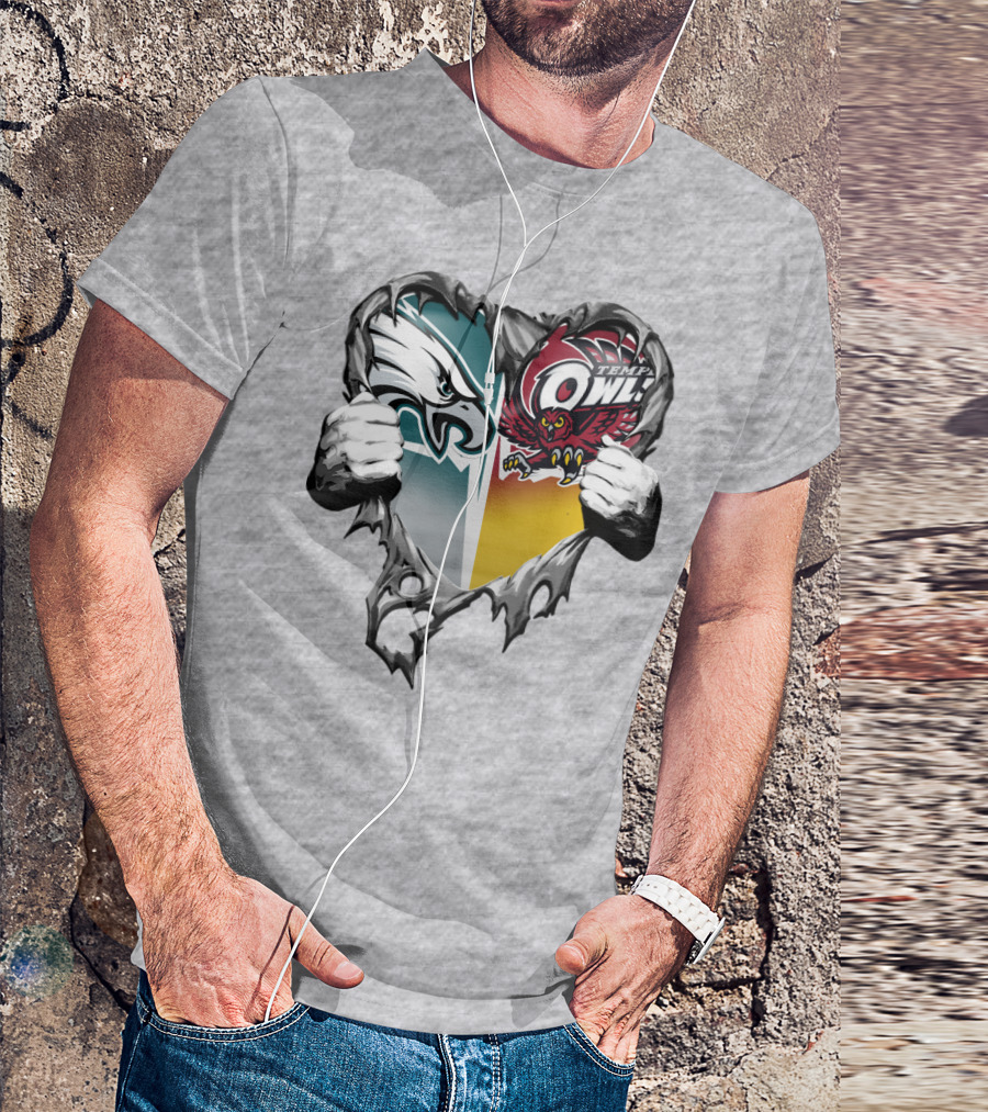 Philadelphia Eagles Temple Owls Heart Logo Rip T-Shirt