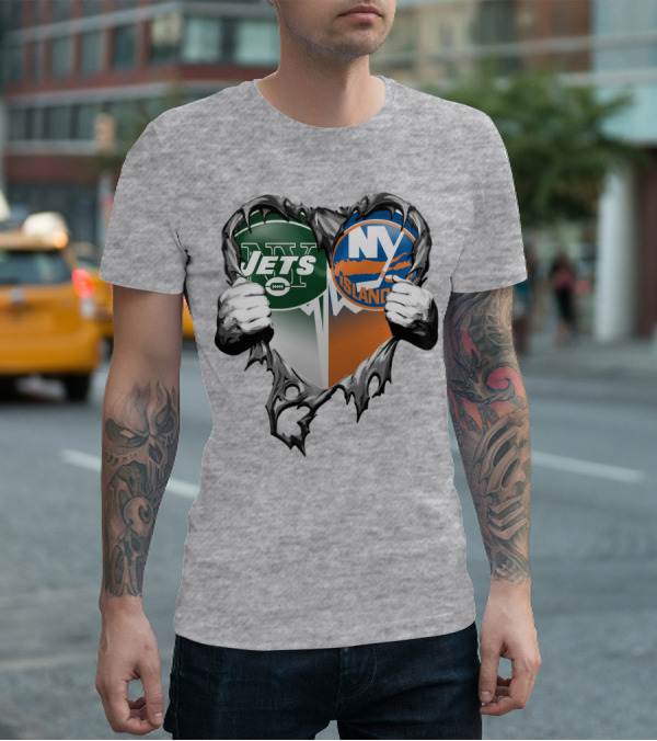Jets Islanders Heart Rip Torn Metal Hands T-Shirt