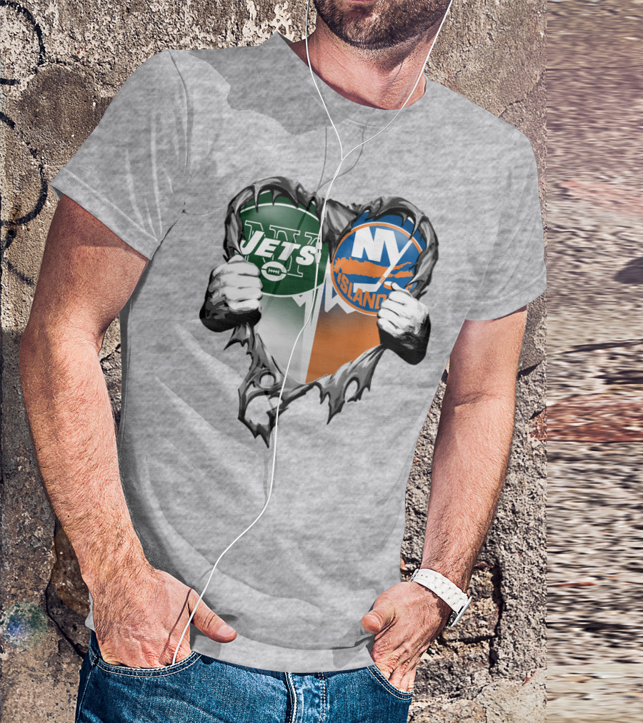 Jets Islanders Heart Rip Torn Metal Hands T-Shirt