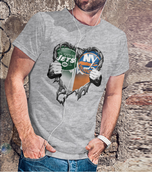 Jets Islanders Heart Rip Torn Metal Hands T-Shirt