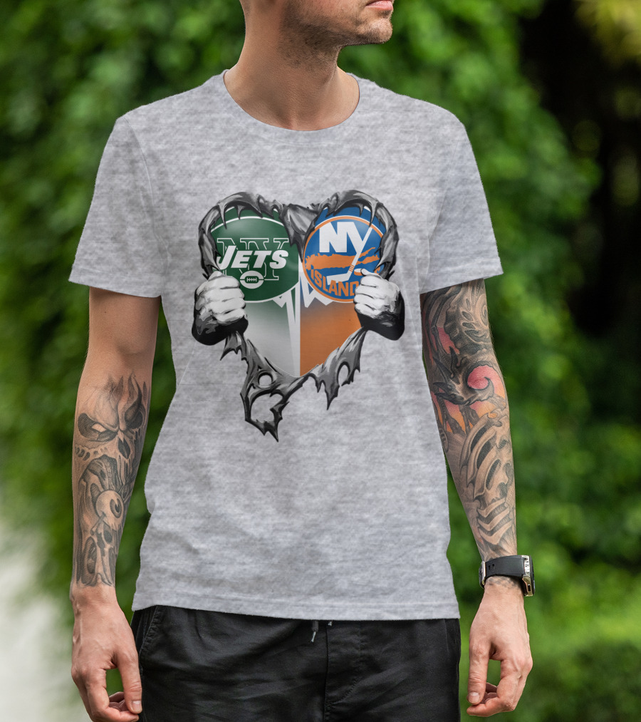 Jets Islanders Heart Rip Torn Metal Hands T-Shirt