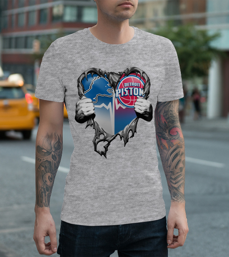 Detroit Lions And Detroit Pistons Heart Logo Fusion T-Shirt