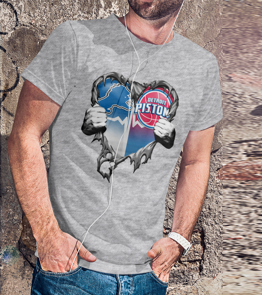 Detroit Lions And Detroit Pistons Heart Logo Fusion T-Shirt