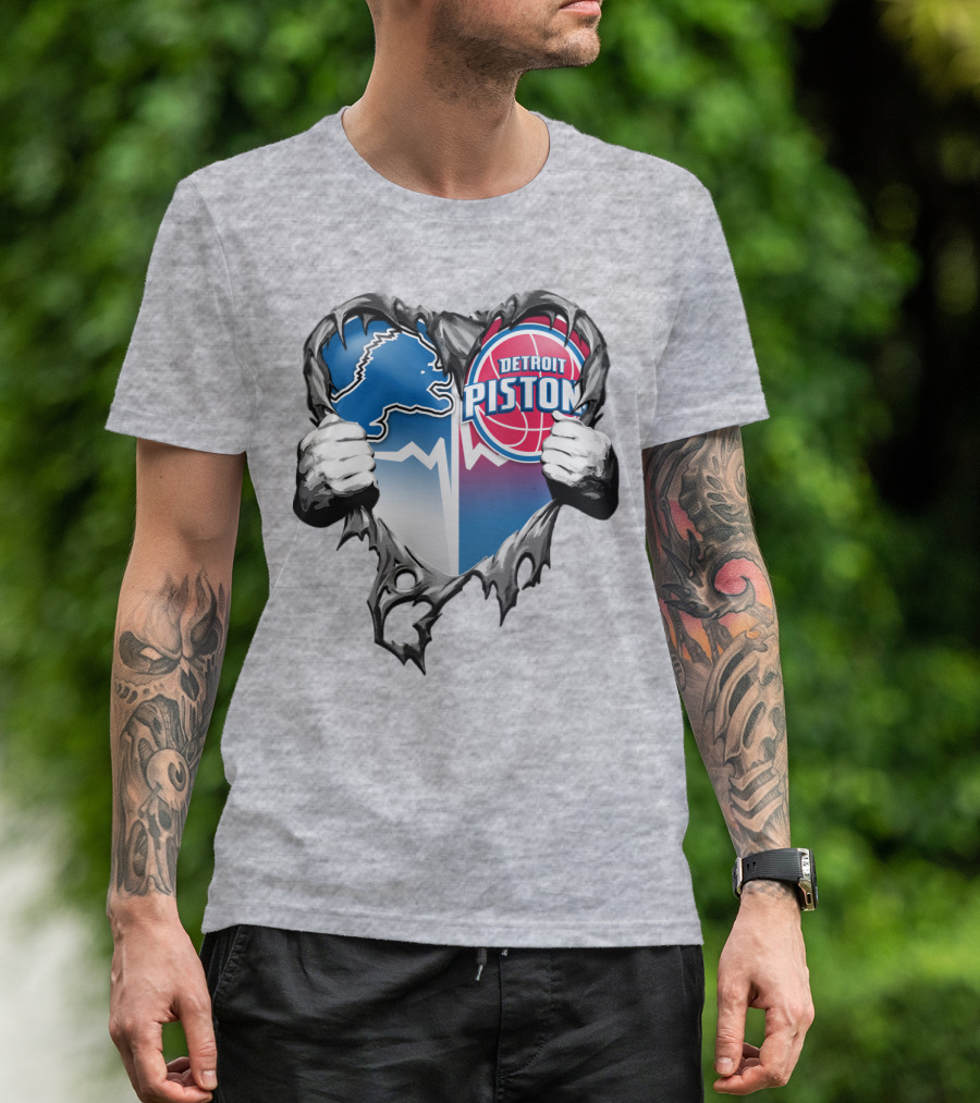 Detroit Lions And Detroit Pistons Heart Logo Fusion T-Shirt