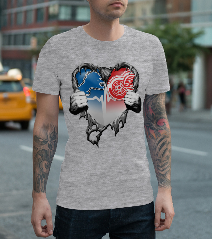 Xatt073 Detroit Lions Red Wings Heart Rip T-Shirt