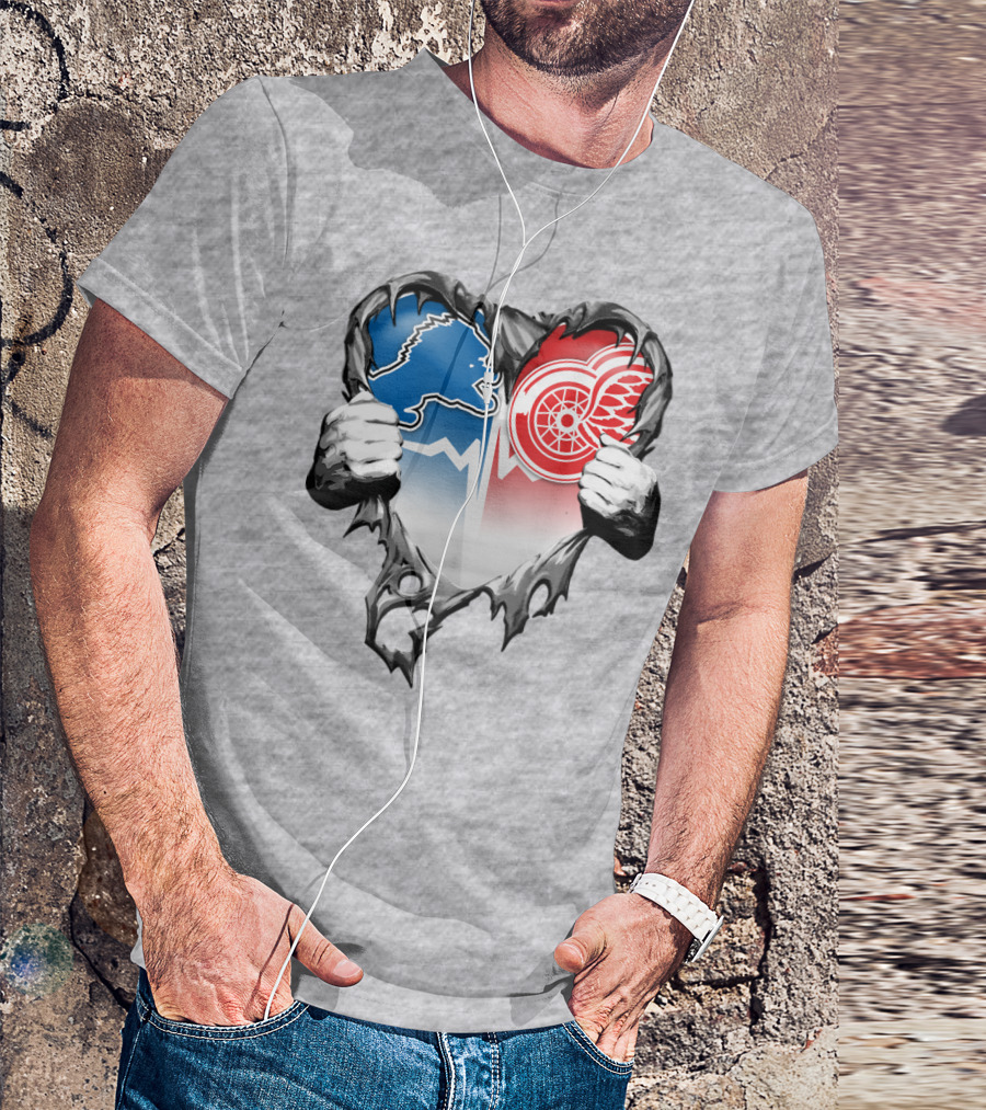 Xatt073 Detroit Lions Red Wings Heart Rip T-Shirt