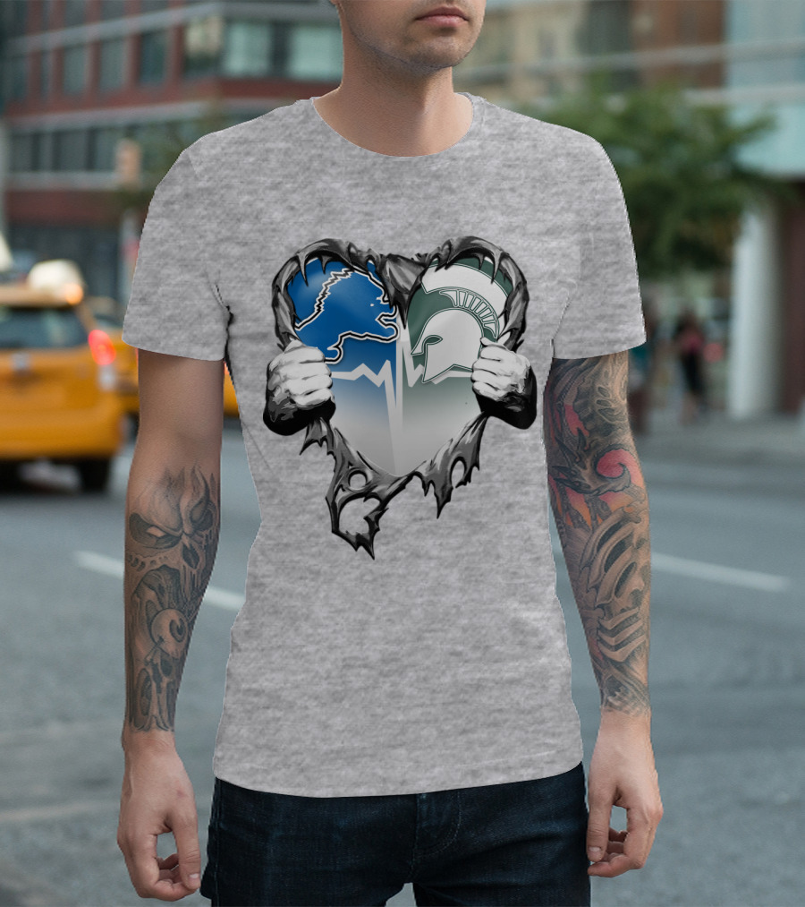 Detroit Lions And Michigan State Spartans Heart Logo Collaboration T-Shirt