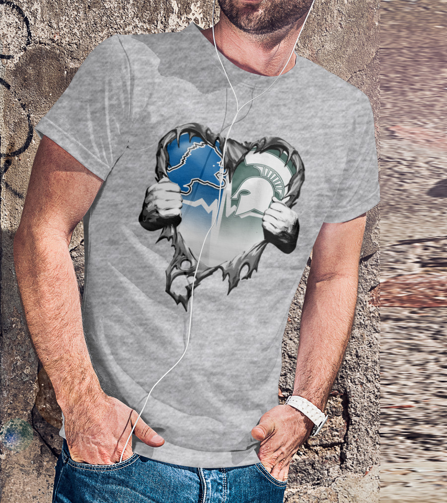 Detroit Lions And Michigan State Spartans Heart Logo Collaboration T-Shirt