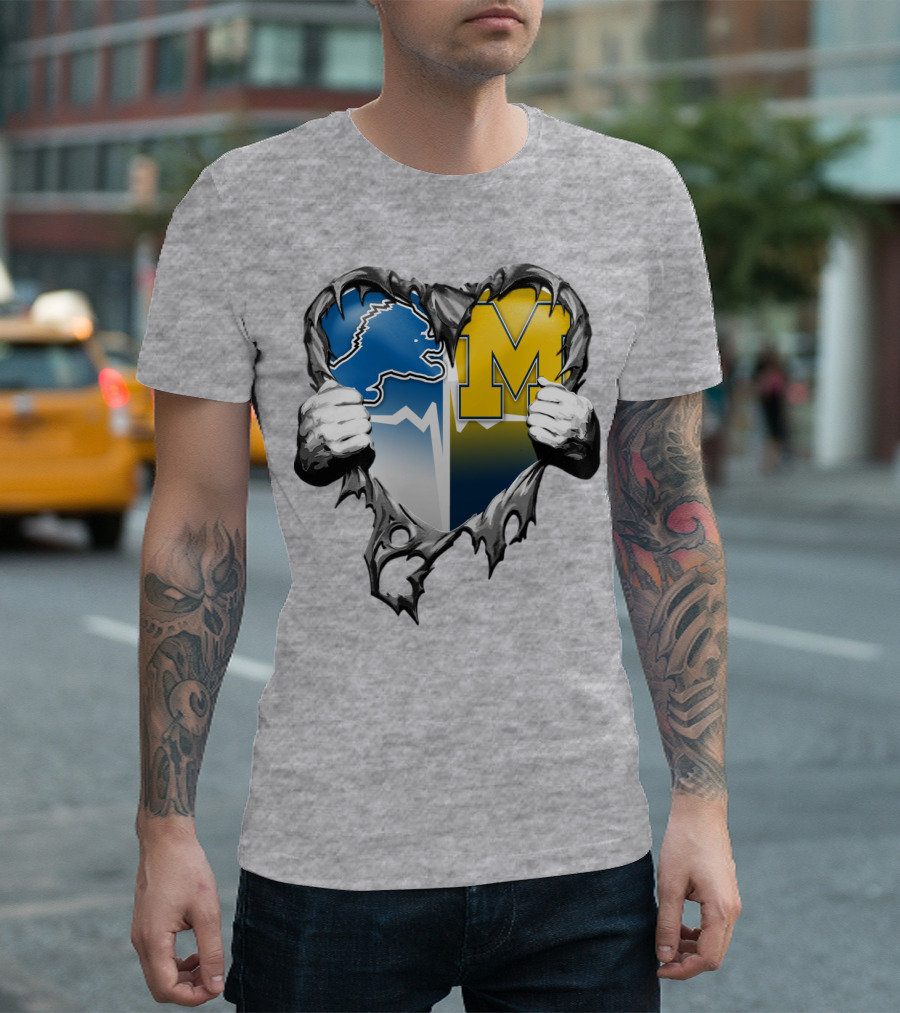 Detroit Lions And Michigan Wolverines Split Heart T-Shirt
