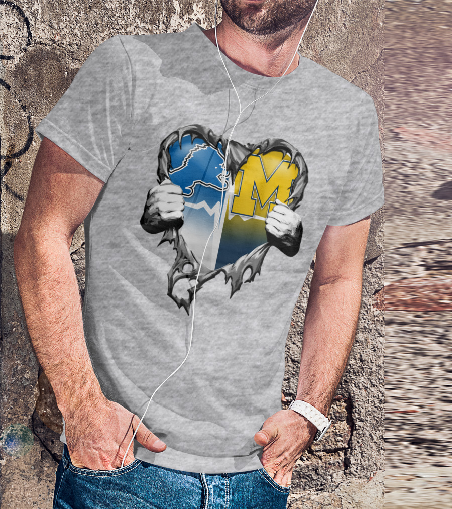 Detroit Lions And Michigan Wolverines Split Heart T-Shirt