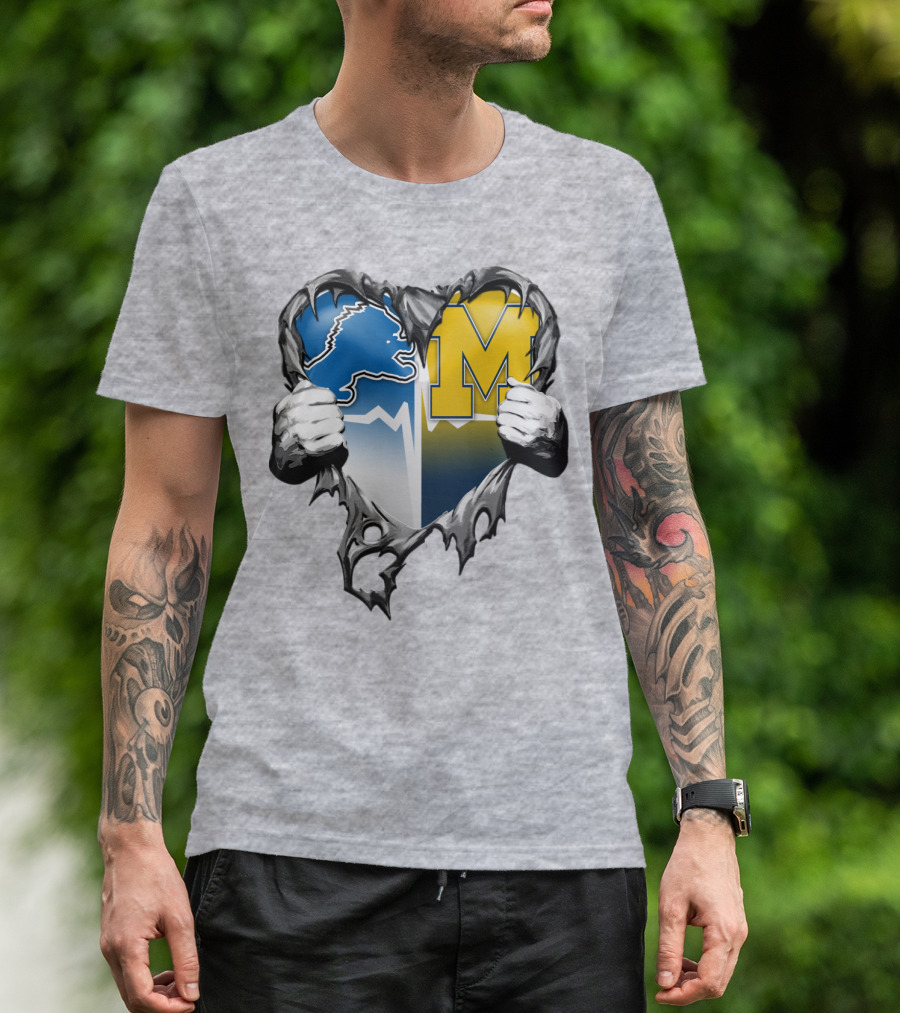 Detroit Lions And Michigan Wolverines Split Heart T-Shirt