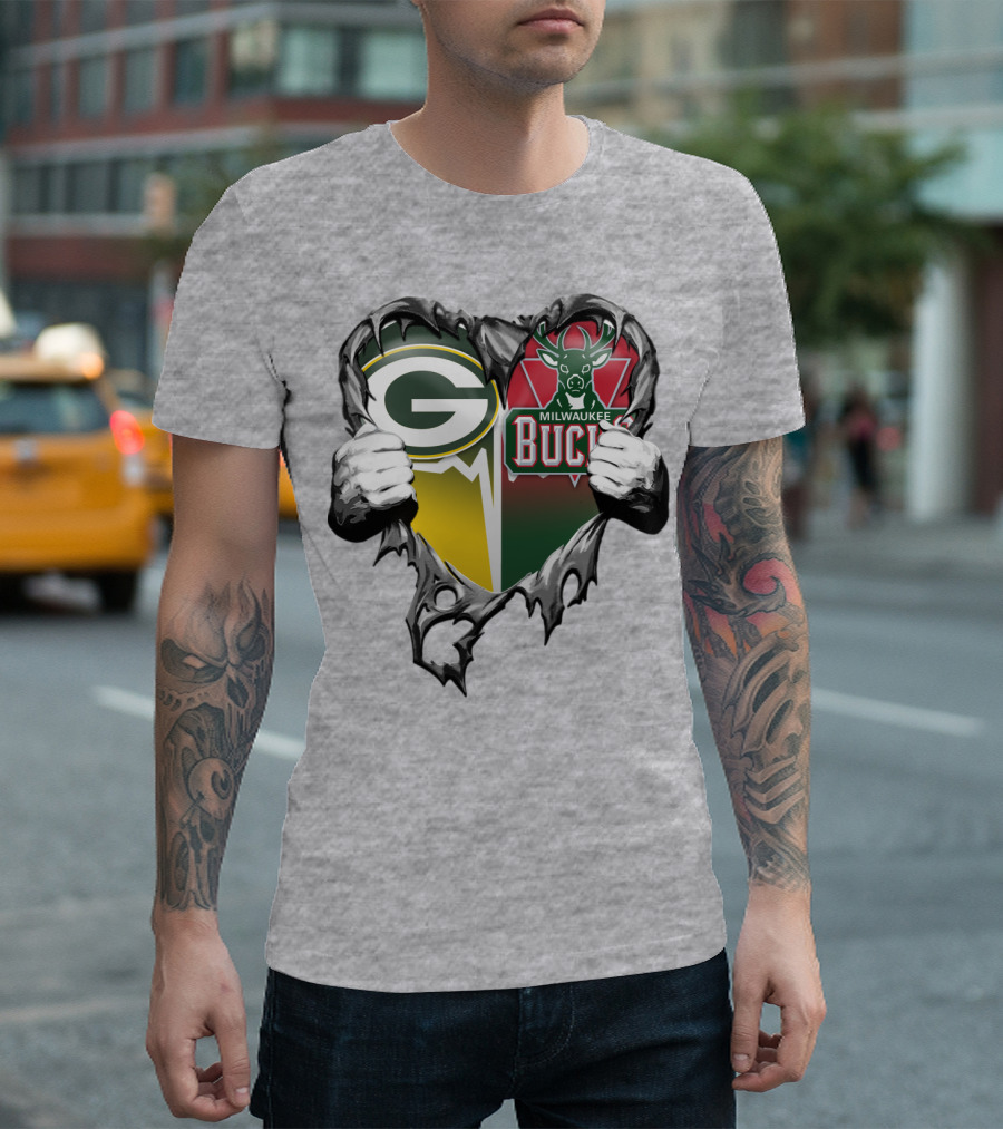 Green Bay Packers Milwaukee Bucks Heart T-Shirt