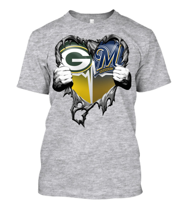 Green Bay Packers Milwaukee Brewers Heart Tear T-Shirt