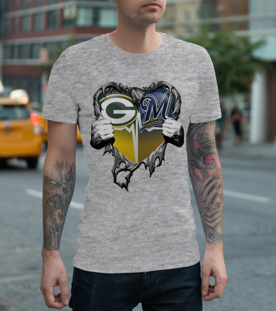 Green Bay Packers Milwaukee Brewers Heart Tear T-Shirt