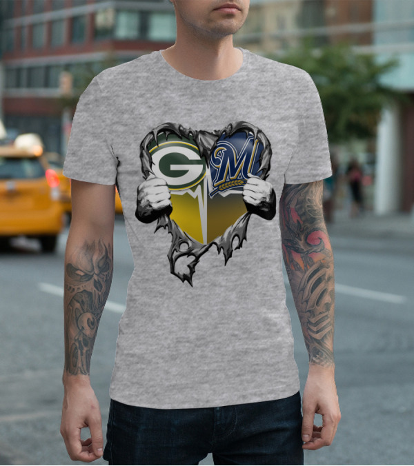 Green Bay Packers Milwaukee Brewers Heart Tear T-Shirt