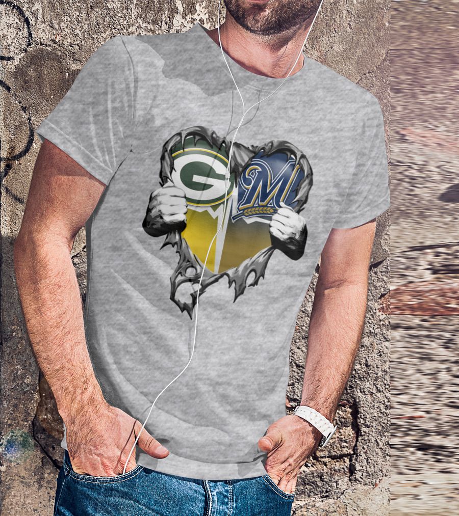 Green Bay Packers Milwaukee Brewers Heart Tear T-Shirt