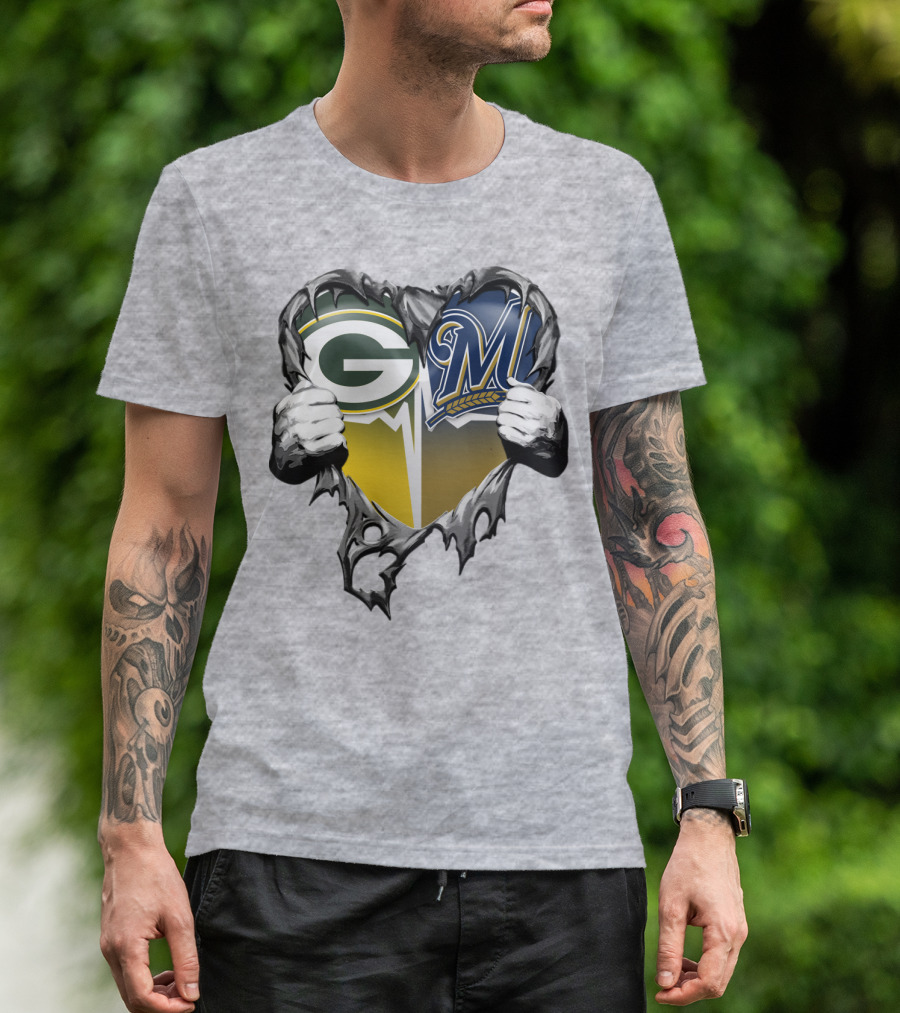 Green Bay Packers Milwaukee Brewers Heart Tear T-Shirt