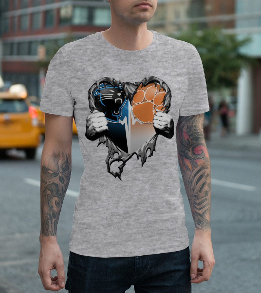 Carolina Panthers Clemson Tigers Heart Ripped T-Shirt
